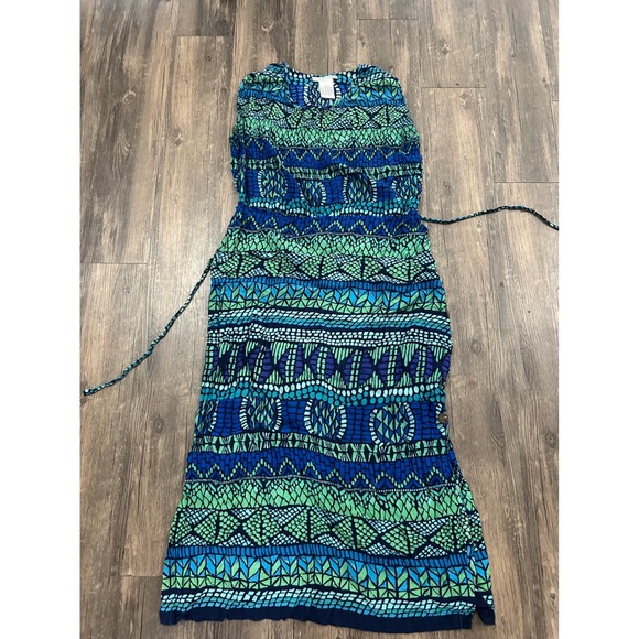 madison leigh Dresses & Skirts - VTG Madison Leigh Blue Green‎ Geometric¹ Tribal Print Sleeveless Maxi Dress 6